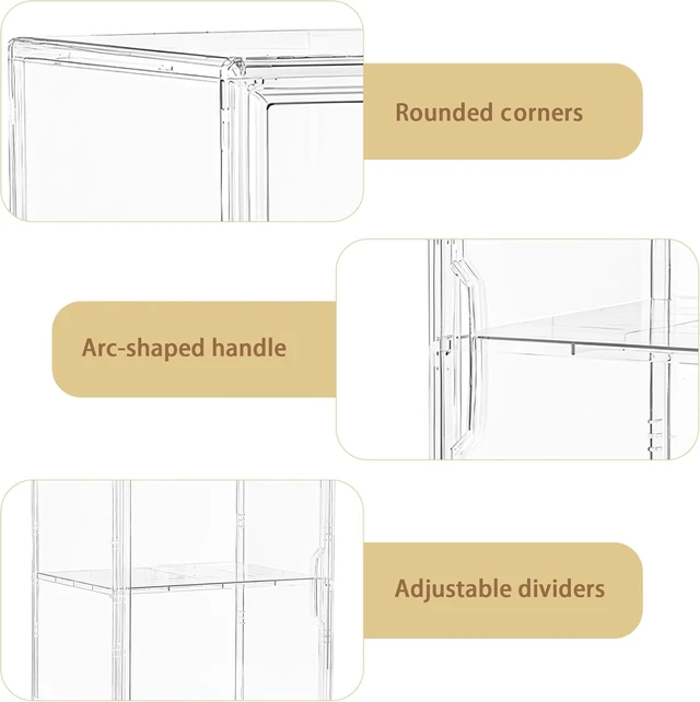 Alt view image 6 of 6 - Acrylic Display Case for Figures 3 Adjustable Layers 4Pack | Clear Display for Collectibles, 2 Tier Clear Storage Bin, Easy Assembly, Stackable Acrylic Box, Dustproof, Magnetic Door