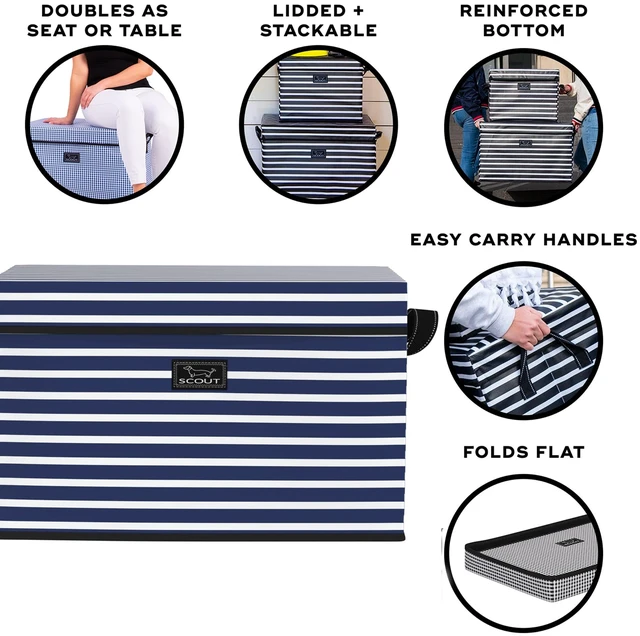 Alt view image 3 of 6 - Rump Roost Large Lidded Storage Bin - Collapsible - Nantucket Navy | Stackable with handles holds up to 90 lbs. Versatile and can double as a convenient seat or side table, Seats up to 150 lbs