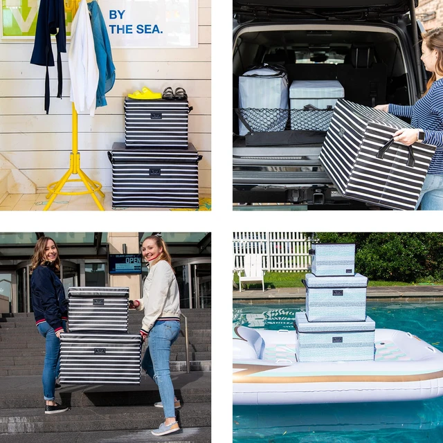 Alt view image 2 of 6 - Rump Roost Large Lidded Storage Bin - Collapsible - Nantucket Navy | Stackable with handles holds up to 90 lbs. Versatile and can double as a convenient seat or side table, Seats up to 150 lbs