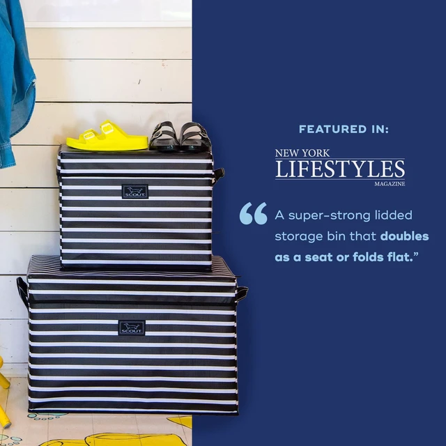 Alt view image 6 of 6 - Rump Roost Large Lidded Storage Bin - Collapsible - Nantucket Navy | Stackable with handles holds up to 90 lbs. Versatile and can double as a convenient seat or side table, Seats up to 150 lbs