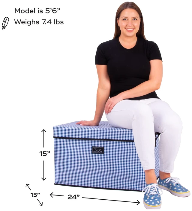 Alt view image 5 of 6 - Rump Roost Large Lidded Storage Bin - Collapsible - Nantucket Navy | Stackable with handles holds up to 90 lbs. Versatile and can double as a convenient seat or side table, Seats up to 150 lbs