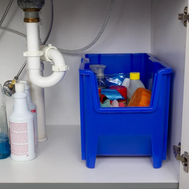 Alt view image 6 of 7 - Stak-N-Store Stackable Storage Bins, 17.5"x11"x12.5", Blue, 4-Pk | Heavy Duty Garage Storage Containers, Open Front Plastic Organizer for Tools, Shelves, Closet Organizer (13014)
