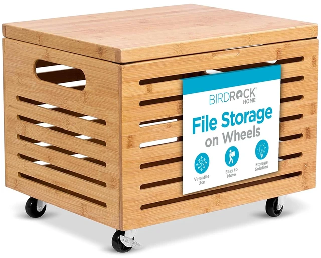 Main image of Rolling File Storage Organizer Box with Lid - Bamboo Decorative Wood Hanging File Box for Letter/Legal Documents, Binders, Blankets - Durable Office Organizer - Natural