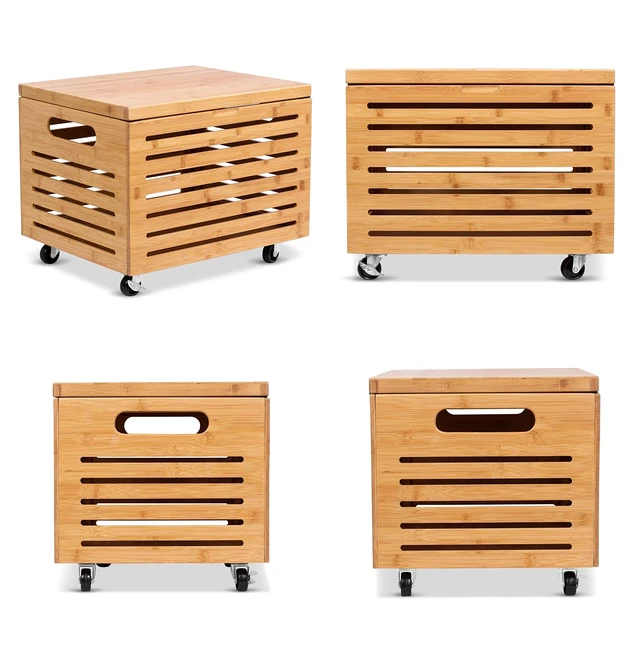 Alt view image 6 of 7 - Rolling File Storage Organizer Box with Lid - Bamboo Decorative Wood Hanging File Box for Letter/Legal Documents, Binders, Blankets - Durable Office Organizer - Natural