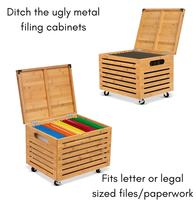 Alt view image 7 of 7 - Rolling File Storage Organizer Box with Lid - Bamboo Decorative Wood Hanging File Box for Letter/Legal Documents, Binders, Blankets - Durable Office Organizer - Natural