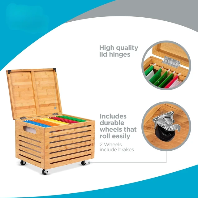 Alt view image 3 of 7 - Rolling File Storage Organizer Box with Lid - Bamboo Decorative Wood Hanging File Box for Letter/Legal Documents, Binders, Blankets - Durable Office Organizer - Natural