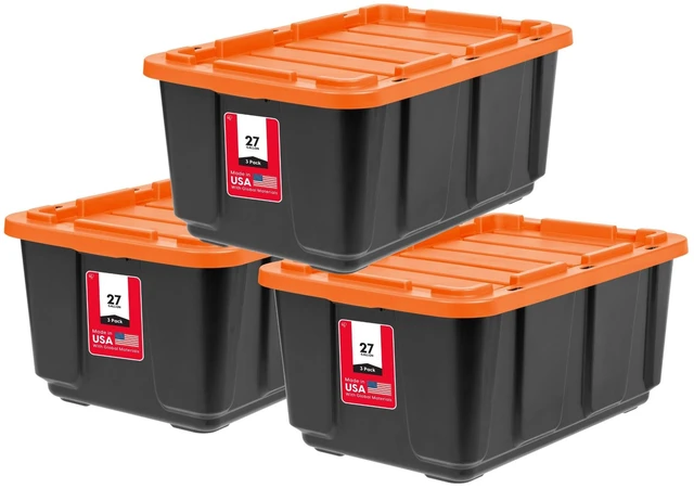 Main image of 3-Pack 27 Gal Heavy Duty Storage Tote Bins with Lids, Orange | Large-capacity design stores seasonal gear, moving supplies and equipment, Stackable shape supports efficient organization