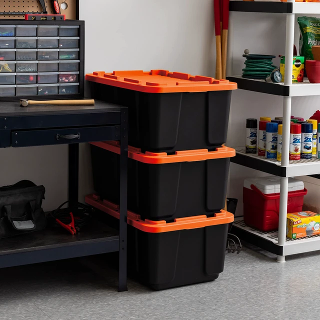 Alt view image 2 of 7 - 3-Pack 27 Gal Heavy Duty Storage Tote Bins with Lids, Orange | Large-capacity design stores seasonal gear, moving supplies and equipment, Stackable shape supports efficient organization