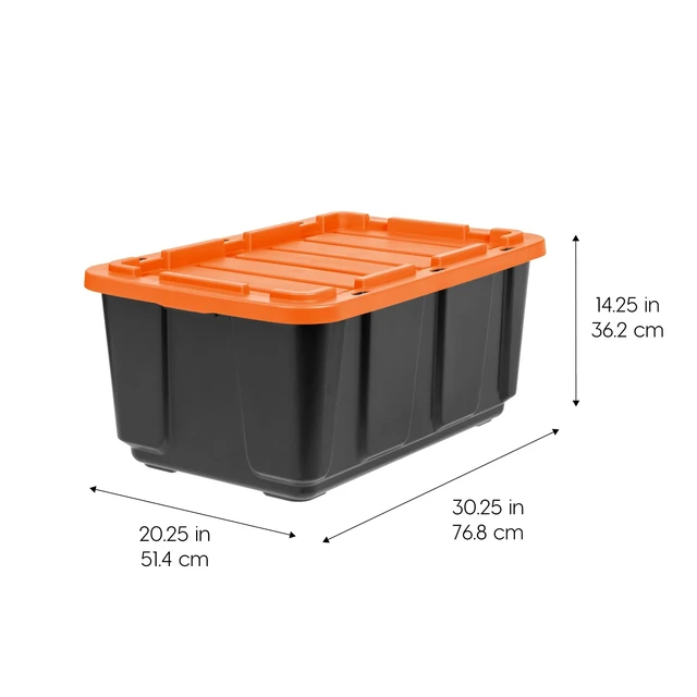 Alt view image 3 of 7 - 3-Pack 27 Gal Heavy Duty Storage Tote Bins with Lids, Orange | Large-capacity design stores seasonal gear, moving supplies and equipment, Stackable shape supports efficient organization