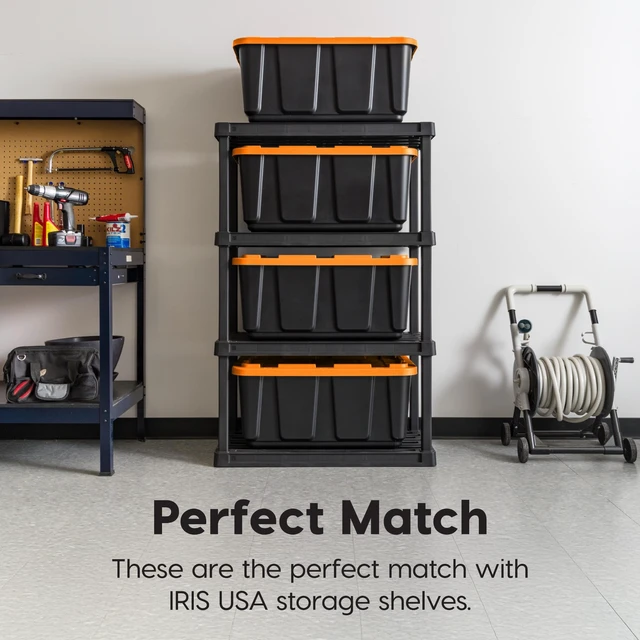 Alt view image 5 of 7 - 3-Pack 27 Gal Heavy Duty Storage Tote Bins with Lids, Orange | Large-capacity design stores seasonal gear, moving supplies and equipment, Stackable shape supports efficient organization