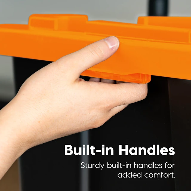 Alt view image 7 of 7 - 3-Pack 27 Gal Heavy Duty Storage Tote Bins with Lids, Orange | Large-capacity design stores seasonal gear, moving supplies and equipment, Stackable shape supports efficient organization