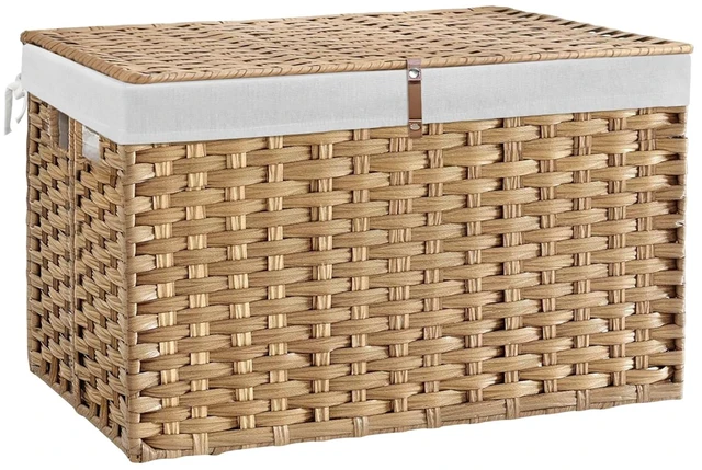 Main image of 180L Wicker Storage Basket with Lid, Handwoven Rattan Large Shelf Basket with Removable Liner, 47.6 Gallon Wicker Basket for Blanket, Storage Trunk with Handle for Closet, Bedroom, Livingroom, Natural