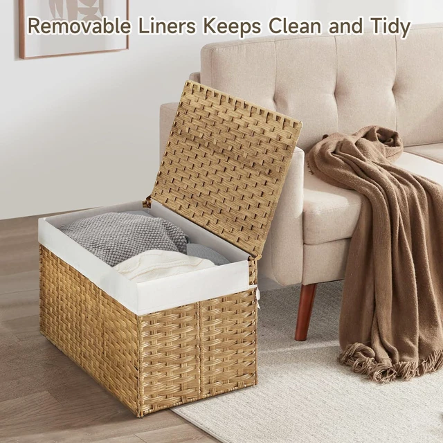 Alt view image 2 of 7 - 180L Wicker Storage Basket with Lid, Handwoven Rattan Large Shelf Basket with Removable Liner, 47.6 Gallon Wicker Basket for Blanket, Storage Trunk with Handle for Closet, Bedroom, Livingroom, Natural