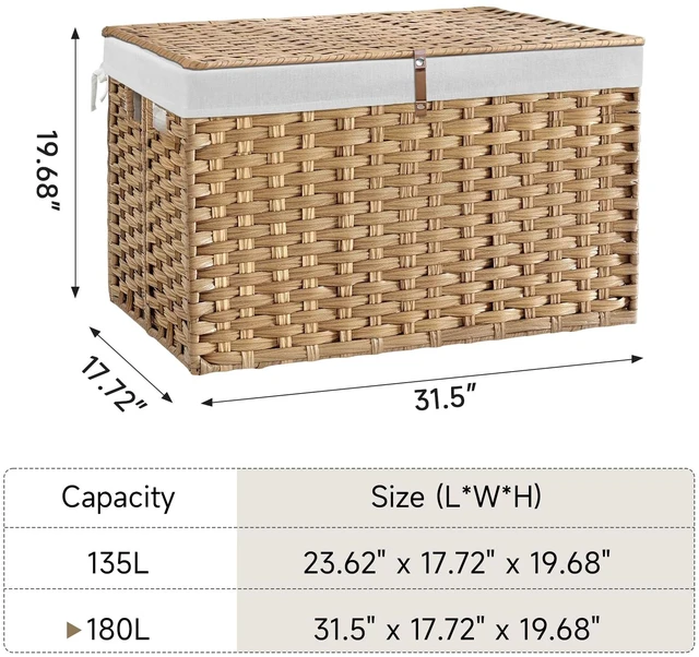 Alt view image 5 of 7 - 180L Wicker Storage Basket with Lid, Handwoven Rattan Large Shelf Basket with Removable Liner, 47.6 Gallon Wicker Basket for Blanket, Storage Trunk with Handle for Closet, Bedroom, Livingroom, Natural