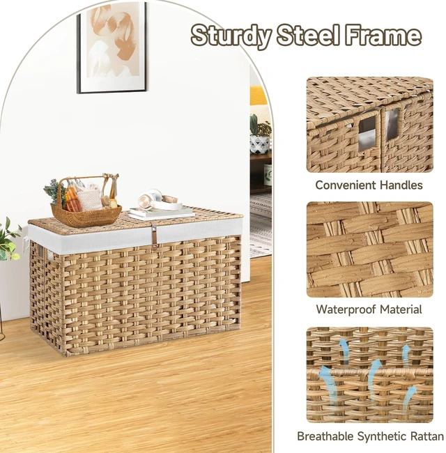 Alt view image 6 of 7 - 180L Wicker Storage Basket with Lid, Handwoven Rattan Large Shelf Basket with Removable Liner, 47.6 Gallon Wicker Basket for Blanket, Storage Trunk with Handle for Closet, Bedroom, Livingroom, Natural