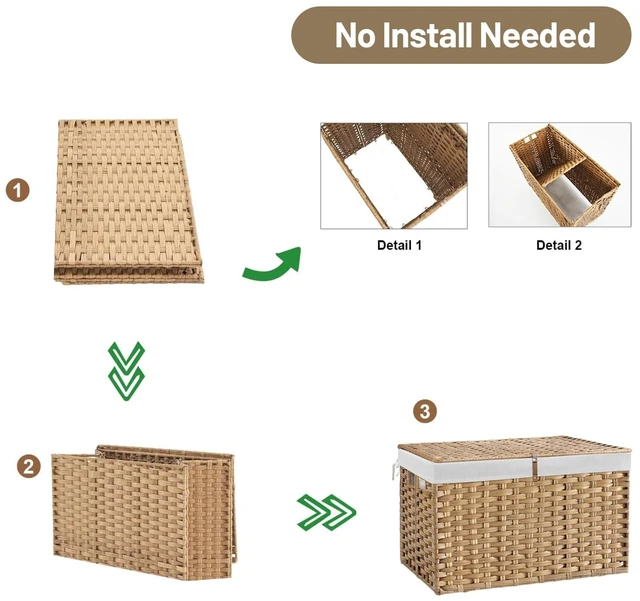 Alt view image 7 of 7 - 180L Wicker Storage Basket with Lid, Handwoven Rattan Large Shelf Basket with Removable Liner, 47.6 Gallon Wicker Basket for Blanket, Storage Trunk with Handle for Closet, Bedroom, Livingroom, Natural