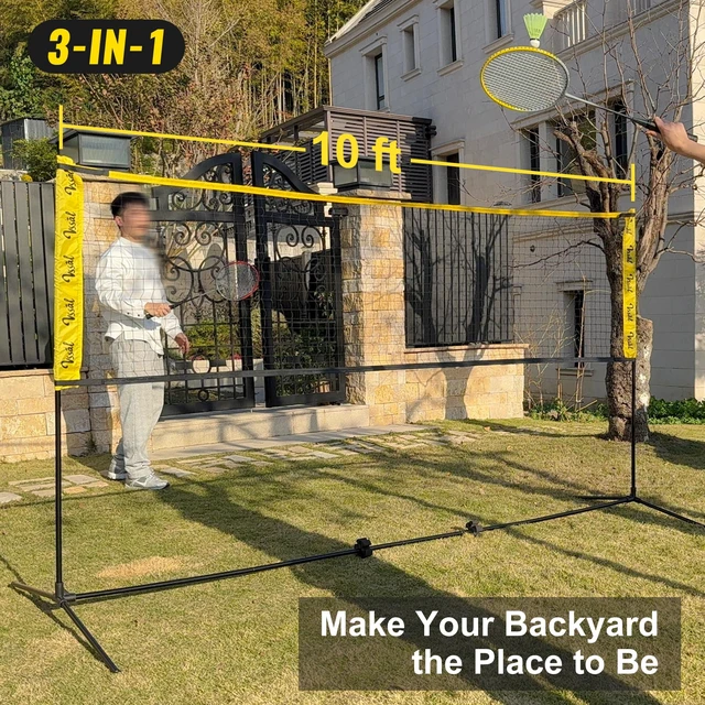 Alt view image 3 of 7 - 3-in-1 Portable Badminton Volleyball Pickleball Net Set for Backyards | Adjustable Height 34"-7 ft, Beach, Outdoor, Indoor Sports Combo for Adults with Carry Bag, Rackets, Paddles & Balls, 10 ft