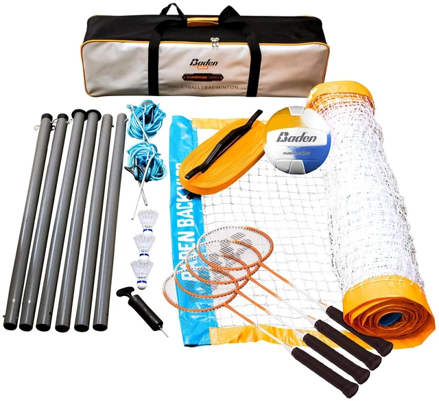 Main image of Champions Volleyball/Badminton Portable Combo Set Orange/Blue Official Size 32 ft Wide Net + 4 Raquets + 3 Birdies + Boundary + Volleyball + Pump + Carry Bag