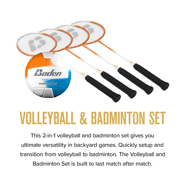 Alt view image 2 of 7 - Champions Volleyball/Badminton Portable Combo Set Orange/Blue Official Size 32 ft Wide Net + 4 Raquets + 3 Birdies + Boundary + Volleyball + Pump + Carry Bag