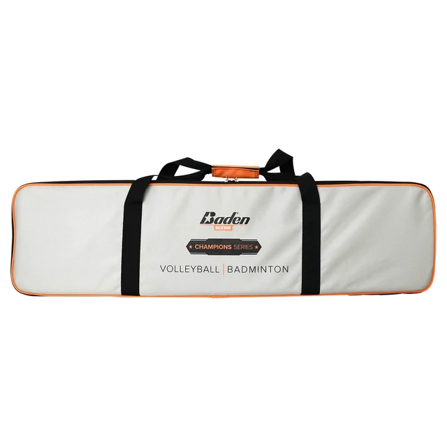 Alt view image 4 of 7 - Champions Volleyball/Badminton Portable Combo Set Orange/Blue Official Size 32 ft Wide Net + 4 Raquets + 3 Birdies + Boundary + Volleyball + Pump + Carry Bag