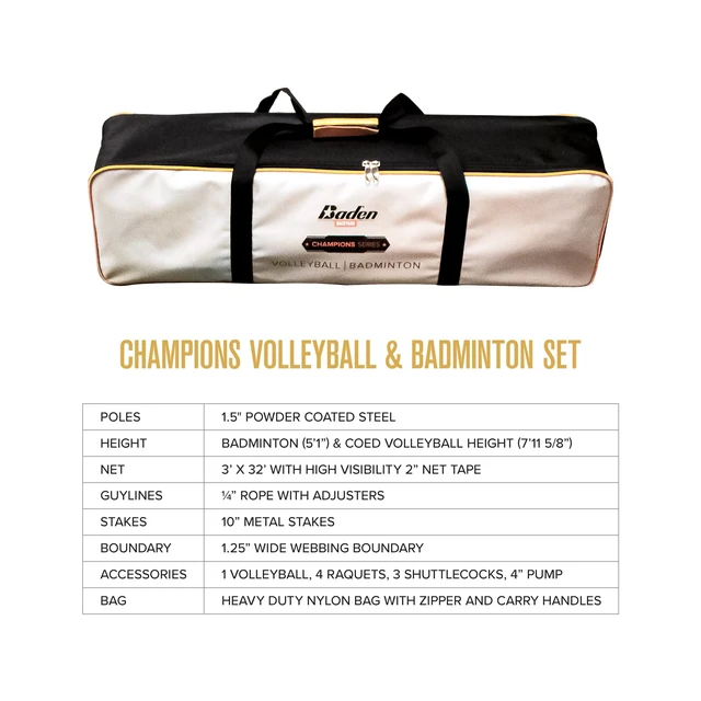 Alt view image 5 of 7 - Champions Volleyball/Badminton Portable Combo Set Orange/Blue Official Size 32 ft Wide Net + 4 Raquets + 3 Birdies + Boundary + Volleyball + Pump + Carry Bag