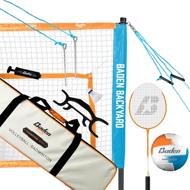 Alt view image 7 of 7 - Champions Volleyball/Badminton Portable Combo Set Orange/Blue Official Size 32 ft Wide Net + 4 Raquets + 3 Birdies + Boundary + Volleyball + Pump + Carry Bag