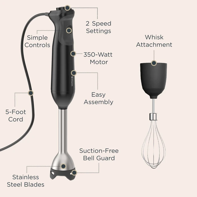 Alt view image 3 of 7 - 2-Speed Immersion Blender + Whisk Attachment, 350-Watt Motor, Black | 2-Speed Control, Stainless Blades, 5-Foot Cord, Blend in Any Container, Variable-Speed Control
