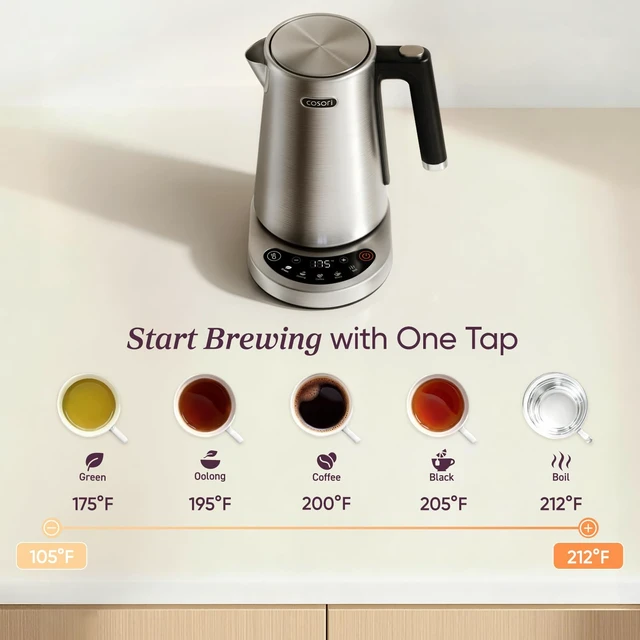 Alt view image 2 of 7 - Stainless Steel Electric Kettle with Temperature Control, 1.7L | No Plastic Contact with Water, 5 Presets, ±5°F Temp Control, 60-Min Keep Warm, Dual Lid Opening, Tea, Coffee & Hot Water