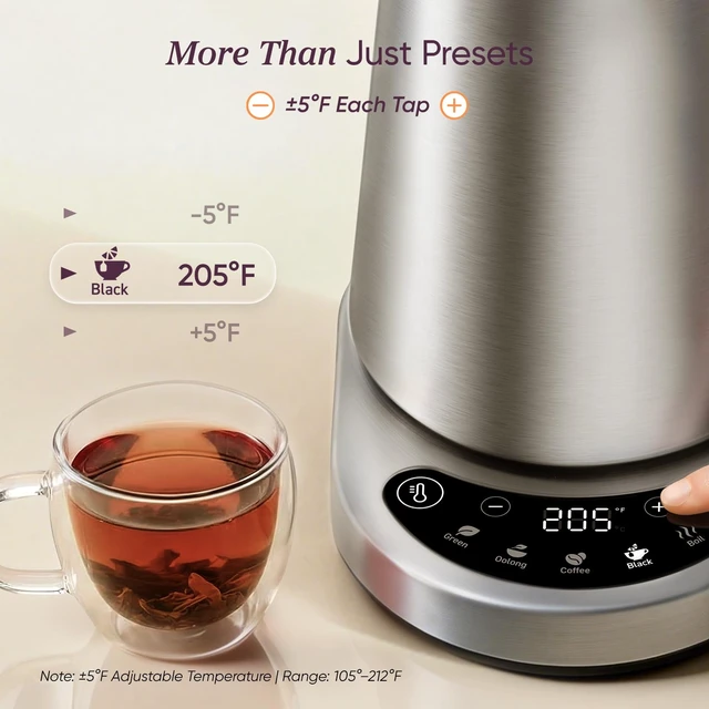 Alt view image 3 of 7 - Stainless Steel Electric Kettle with Temperature Control, 1.7L | No Plastic Contact with Water, 5 Presets, ±5°F Temp Control, 60-Min Keep Warm, Dual Lid Opening, Tea, Coffee & Hot Water