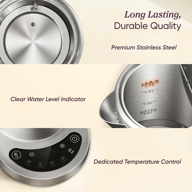 Alt view image 5 of 7 - Stainless Steel Electric Kettle with Temperature Control, 1.7L | No Plastic Contact with Water, 5 Presets, ±5°F Temp Control, 60-Min Keep Warm, Dual Lid Opening, Tea, Coffee & Hot Water