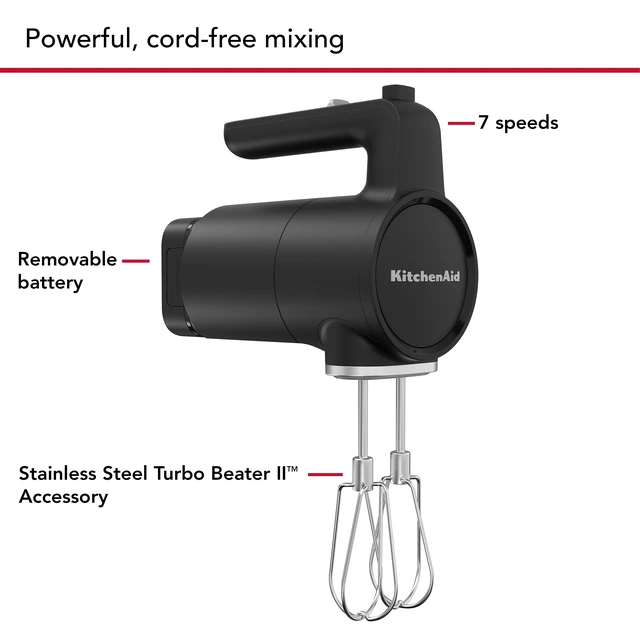 Alt view image 3 of 6 - Go Cordless Hand Mixer, battery included, KHMR762 | Cordless, 7 Speed Settings, Soft Start Feature, Stainless Steel Beaters, Battery Included, Black Matte