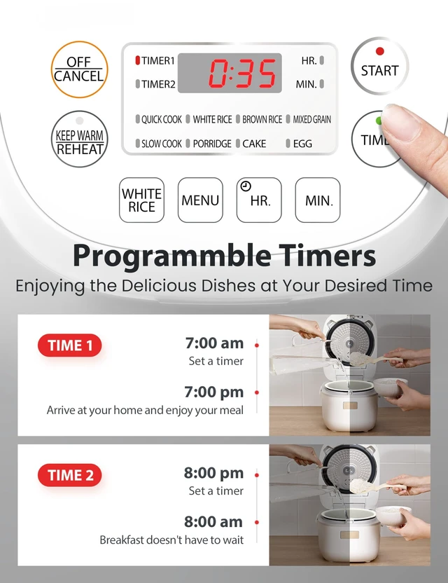 Alt view image 7 of 7 - Mini Rice Cooker, 3 Cups Uncooked, for 1-3 People, Steamer and Warmer, Fuzzy Logic, One-Touch Cooking, 24-Hour Delay Timer, Auto Keep Warm, White