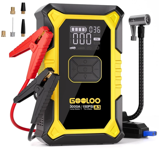 Main image of A3 12V 3000A Portable Jump Starter with Air Compressor | 7-in-1: 3000A Lithium Jumper Box - 150 PSI Tire Inflator - USB-A Output - LED Flashlight - Ball / Bike Pump - Pressure Gauge