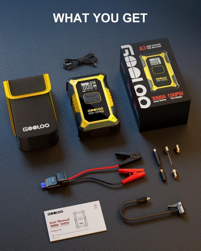 Alt view image 7 of 7 - A3 12V 3000A Portable Jump Starter with Air Compressor | 7-in-1: 3000A Lithium Jumper Box - 150 PSI Tire Inflator - USB-A Output - LED Flashlight - Ball / Bike Pump - Pressure Gauge
