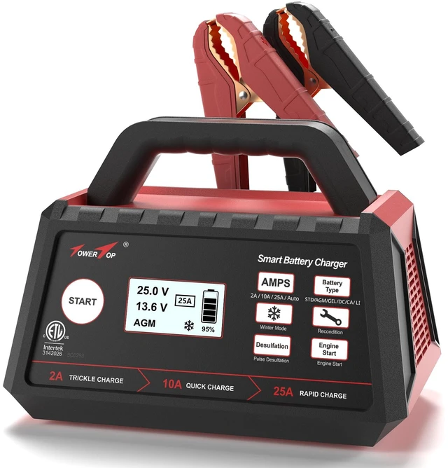 Main image of 2/10/25 Amp 12V Smart Car Battery Charger, Fully Automatic Battery Maintainer with Engine Start, Auto Desulfator, Battery Repair, Winter Mode, for AGM, STD, Gel, Deep Cycle Batteries