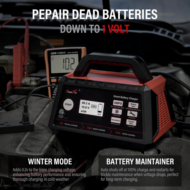Alt view image 4 of 7 - 2/10/25 Amp 12V Smart Car Battery Charger, Fully Automatic Battery Maintainer with Engine Start, Auto Desulfator, Battery Repair, Winter Mode, for AGM, STD, Gel, Deep Cycle Batteries