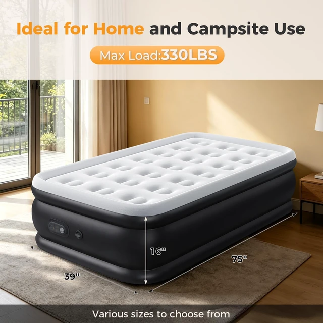 Alt view image 2 of 7 - Queen Air Mattress with Built in Pump, 22 inch | Raised Self-Inflating Flocked Surface Portable Air Bed 440 LBS for Camping, Guests and Home, Strong Support & Non-Slip Bottom