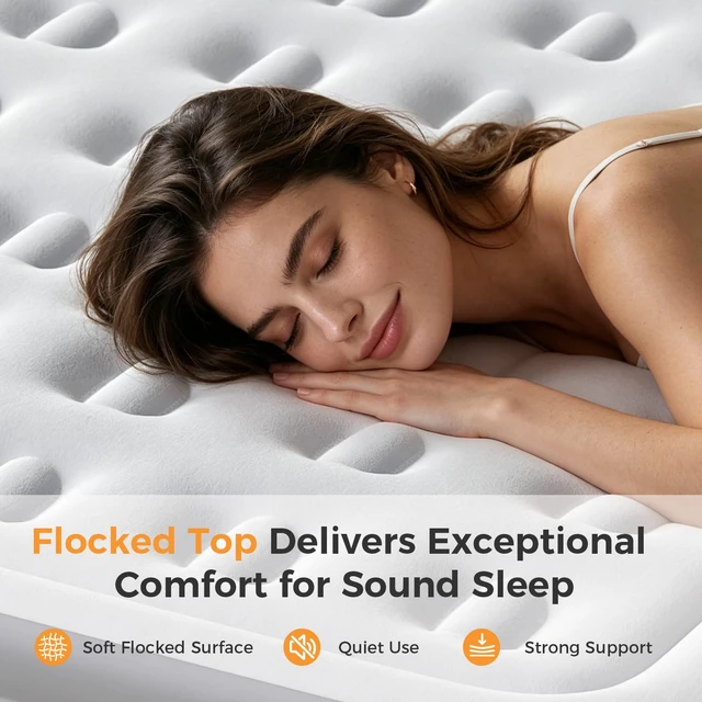 Alt view image 4 of 7 - Queen Air Mattress with Built in Pump, 22 inch | Raised Self-Inflating Flocked Surface Portable Air Bed 440 LBS for Camping, Guests and Home, Strong Support & Non-Slip Bottom