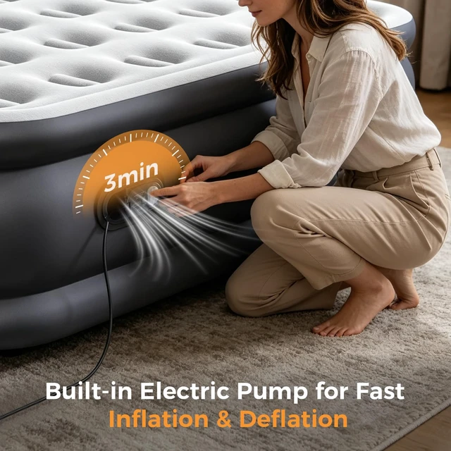 Alt view image 5 of 7 - Queen Air Mattress with Built in Pump, 22 inch | Raised Self-Inflating Flocked Surface Portable Air Bed 440 LBS for Camping, Guests and Home, Strong Support & Non-Slip Bottom