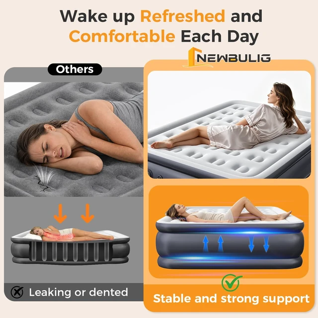 Alt view image 6 of 7 - Queen Air Mattress with Built in Pump, 22 inch | Raised Self-Inflating Flocked Surface Portable Air Bed 440 LBS for Camping, Guests and Home, Strong Support & Non-Slip Bottom