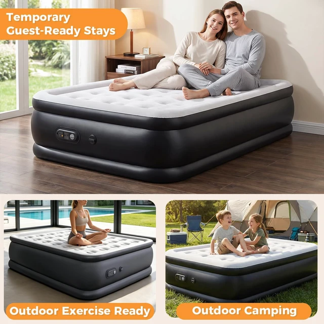 Alt view image 7 of 7 - Queen Air Mattress with Built in Pump, 22 inch | Raised Self-Inflating Flocked Surface Portable Air Bed 440 LBS for Camping, Guests and Home, Strong Support & Non-Slip Bottom