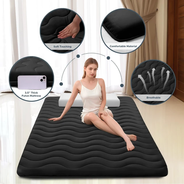 Alt view image 2 of 7 - Japanese Futon Floor Mattress Queen 3.5" Thick Black | Foldable Mattress Tatami Mat Sleeping Pad, 100% High Density Foam, Roll Up Floor Lounger Bed for Living Room Guest Room RV