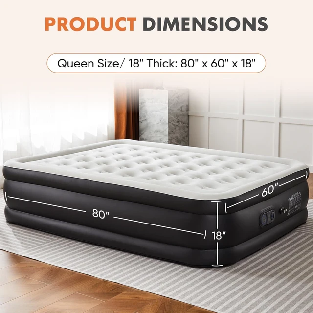 Alt view image 2 of 7 - 18" Queen Air Mattress with Built-in Pump, Portable Flocked Surface Blow Up Inflatable Bed with Storage Bag for Camping & Indoor Use, Supports Up to 440 Lbs, Non-Slip Stable Base