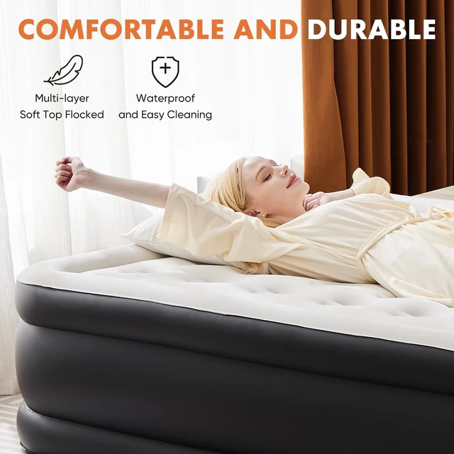 Alt view image 3 of 7 - 18" Queen Air Mattress with Built-in Pump, Portable Flocked Surface Blow Up Inflatable Bed with Storage Bag for Camping & Indoor Use, Supports Up to 440 Lbs, Non-Slip Stable Base