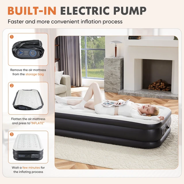 Alt view image 4 of 7 - 18" Queen Air Mattress with Built-in Pump, Portable Flocked Surface Blow Up Inflatable Bed with Storage Bag for Camping & Indoor Use, Supports Up to 440 Lbs, Non-Slip Stable Base