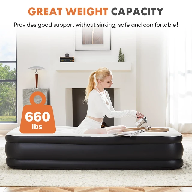 Alt view image 5 of 7 - 18" Queen Air Mattress with Built-in Pump, Portable Flocked Surface Blow Up Inflatable Bed with Storage Bag for Camping & Indoor Use, Supports Up to 440 Lbs, Non-Slip Stable Base