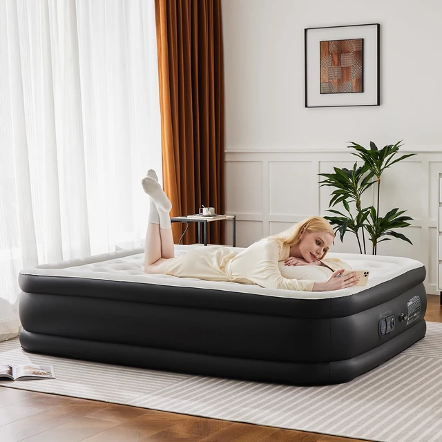 Alt view image 7 of 7 - 18" Queen Air Mattress with Built-in Pump, Portable Flocked Surface Blow Up Inflatable Bed with Storage Bag for Camping & Indoor Use, Supports Up to 440 Lbs, Non-Slip Stable Base