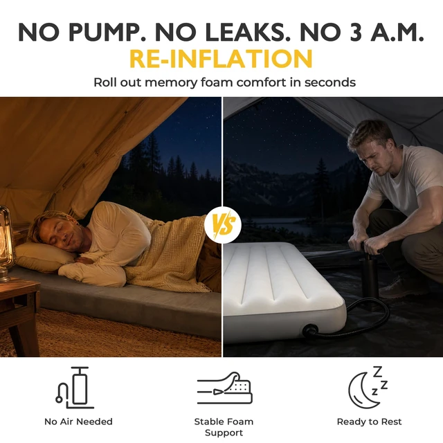 Alt view image 5 of 7 - 3 Inch CertiPUR-US Memory Foam Camping Mattress, Waterproof Roll up Sleeping Pad for Adults, Comfortable Thick Floor Sleeping Mats for Car Truck Tent with Removable Travel Bag