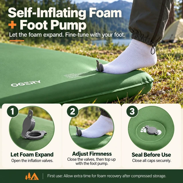 Alt view image 2 of 7 - Self-Inflating Sleeping Pad, 3" Memory Foam Camping Mattress | Built-in Foot Pump, Insulated Foam, Memory Foam, Car Camping, Tent Camping, Backpacking, Compact Storage, 4-Season