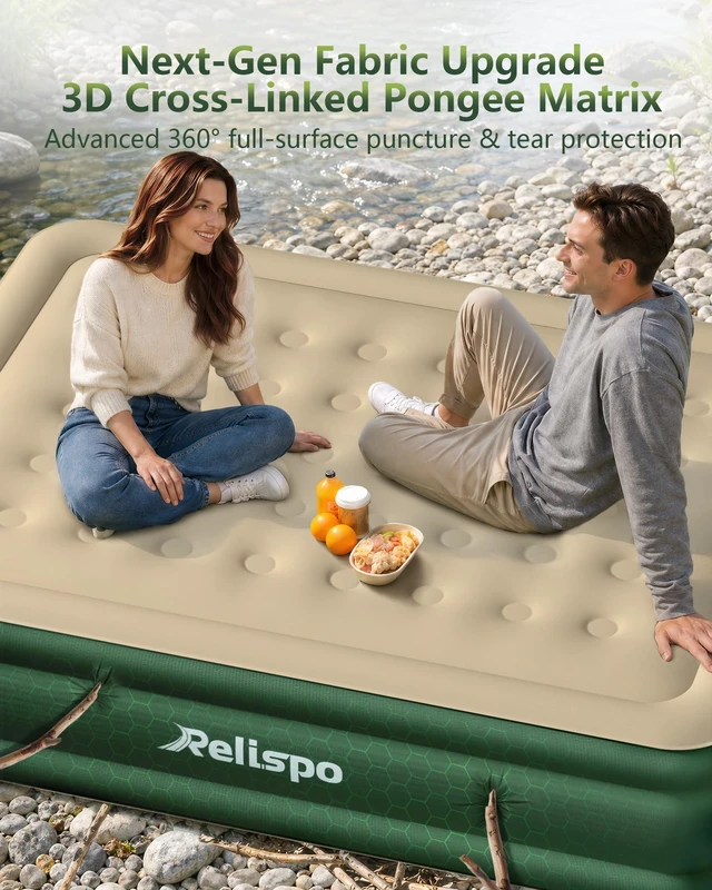 Alt view image 2 of 7 - Air Mattress Queen with Built in Pump, Full-Wrap Pongee Fabric | 18" Raised Air Bed, 1100 lb Capacity, Dual-Side Leak & Puncture Resistant Inflatable Blow Up Mattress for Home Camping Guests